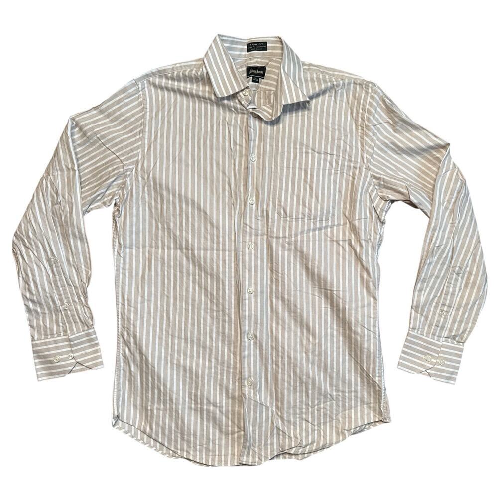 Neiman Marcus Trim Fit Tan White Stripe Cotton Button Up Shirt Men's Sz 16 34/35
